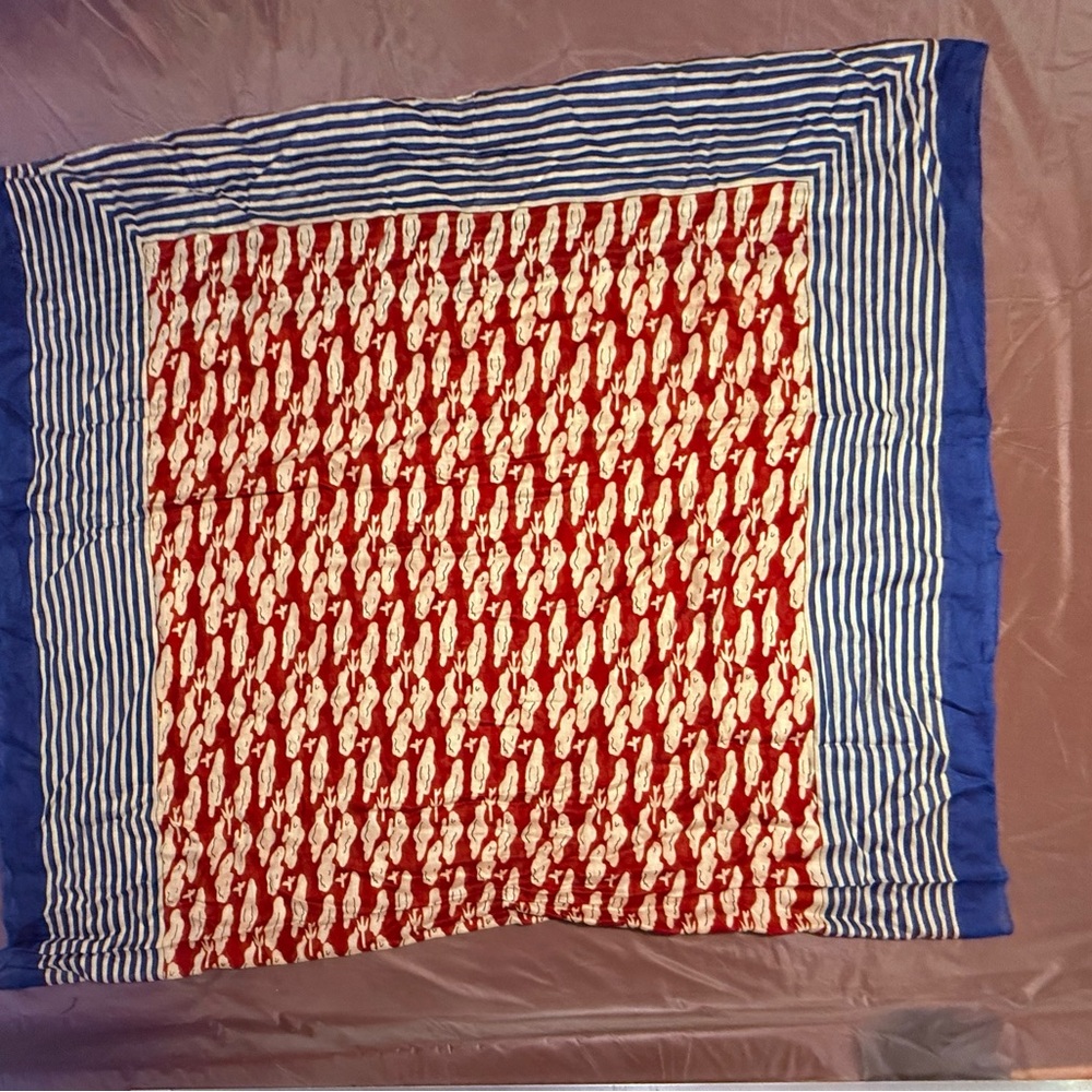 Etcetera by Carlisle Red/Cream Print Infinity Scarf with Blue Stripe Trim - Picture 5 of 5